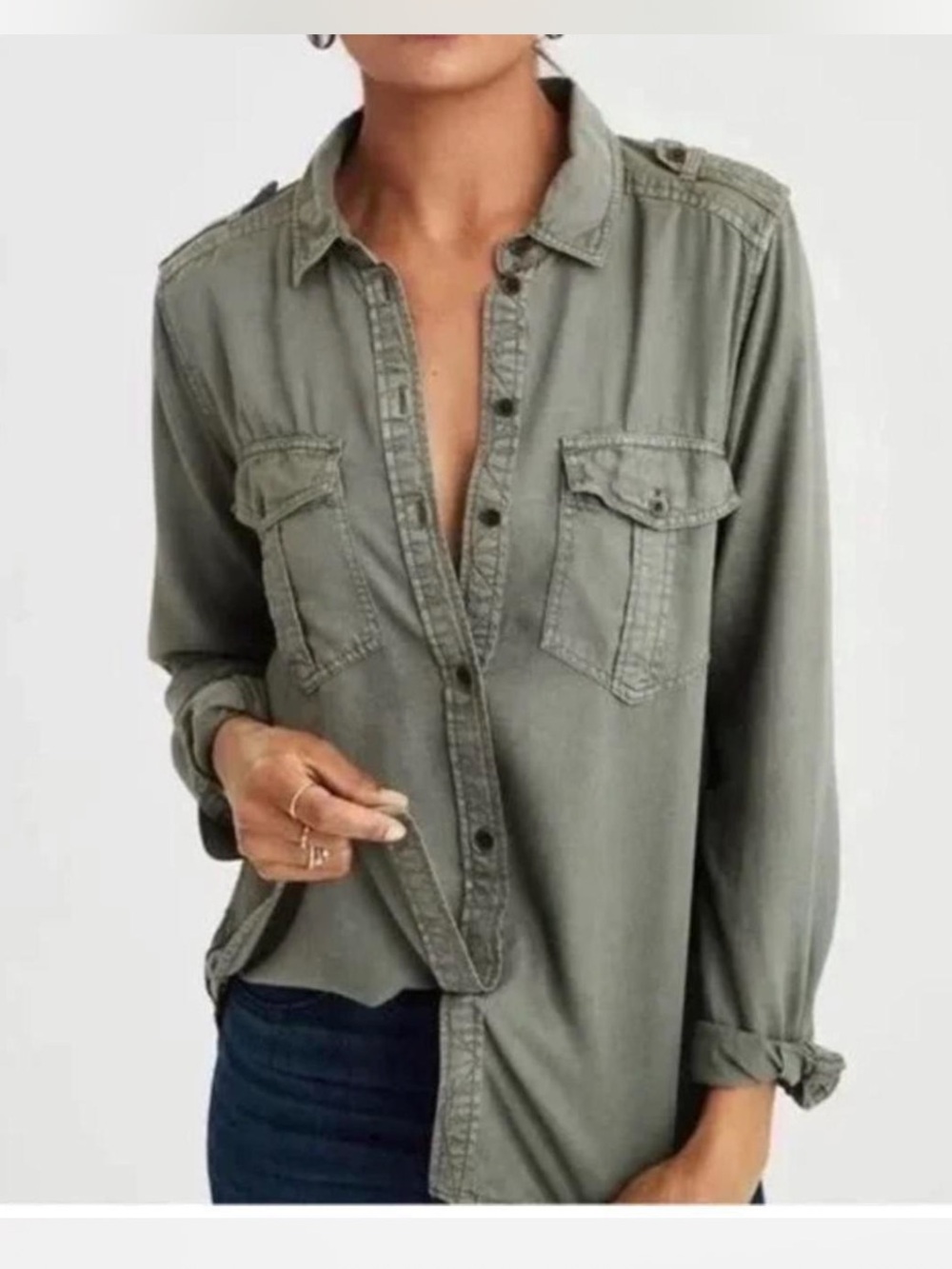 American Eagle Outfitters Olive Green Button Front Utility Shirt